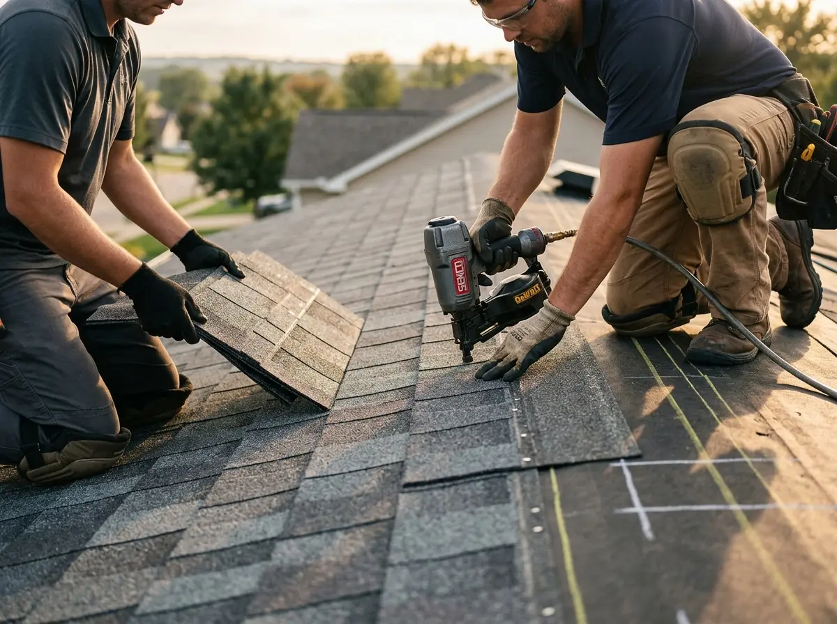 Professional roofer working on a residential roof in Effingham